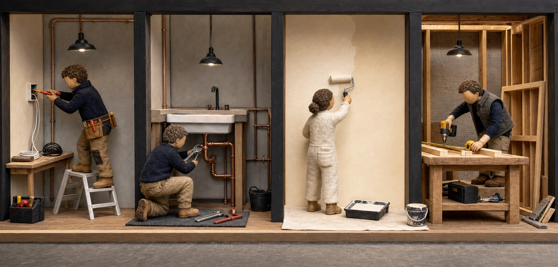 Handcrafted miniature electrician, plumber, painter and builder actively working in separate workshop bays